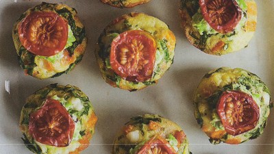 picture of Squash fritatas with pea puree and roasted tomatoes
 Canape